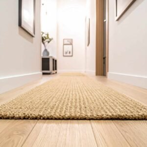 Vue photorealiste dun couloir etroit et lumineux avec un tapis long en fibres nature 120678