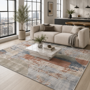 Tapis Geometric Modern Origami — Navy & Terracotta