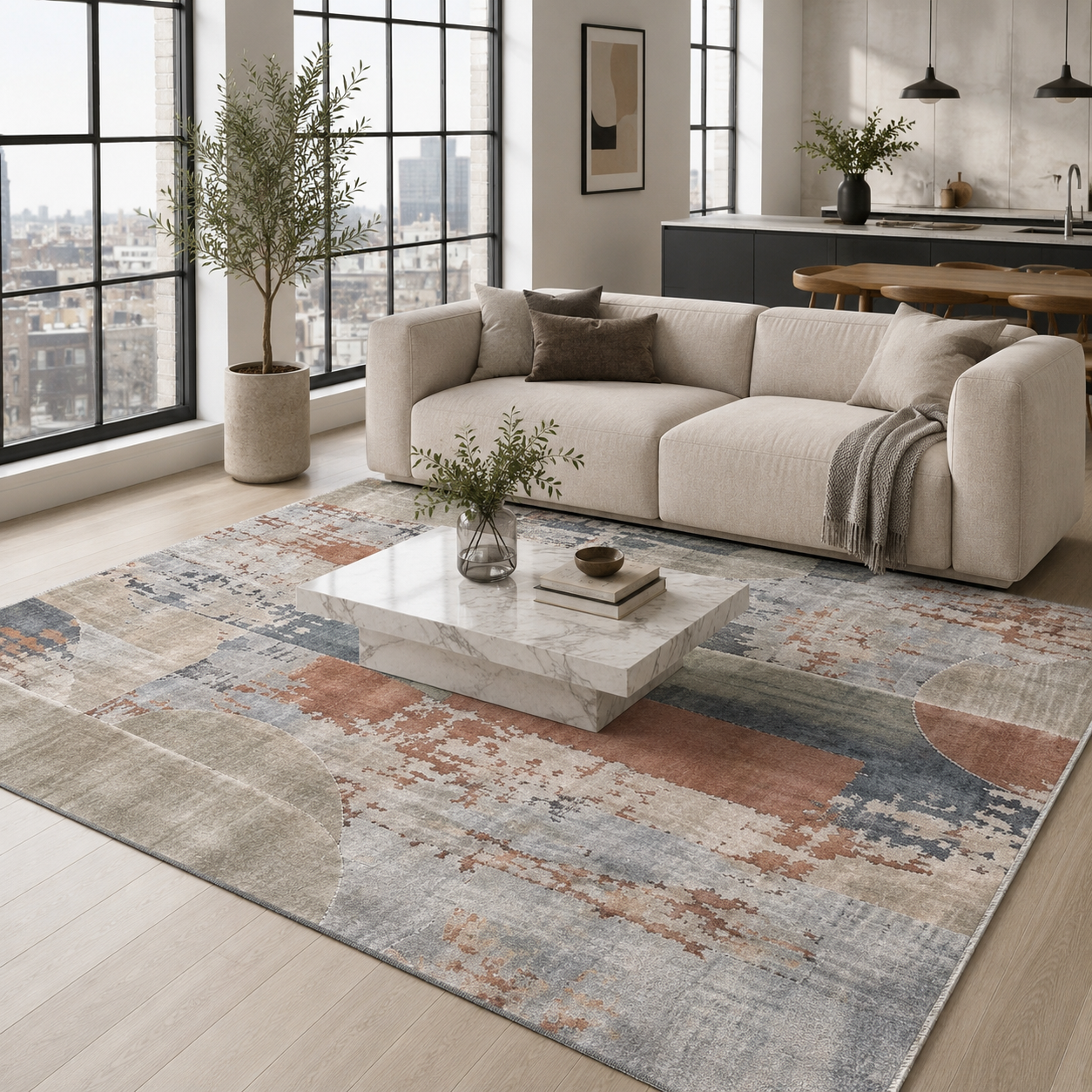 NH7003-T03-01 Tapis Geometric Modern Origami — Navy & Terracotta