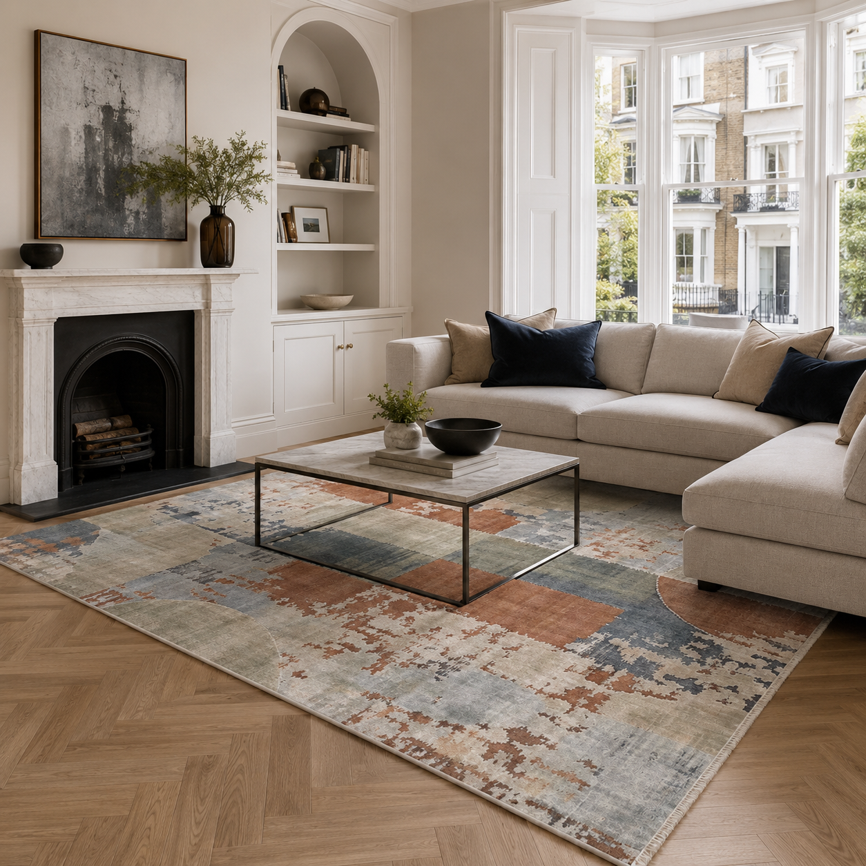 NH7003-T03-03 Tapis Geometric Modern Origami — Navy & Terracotta