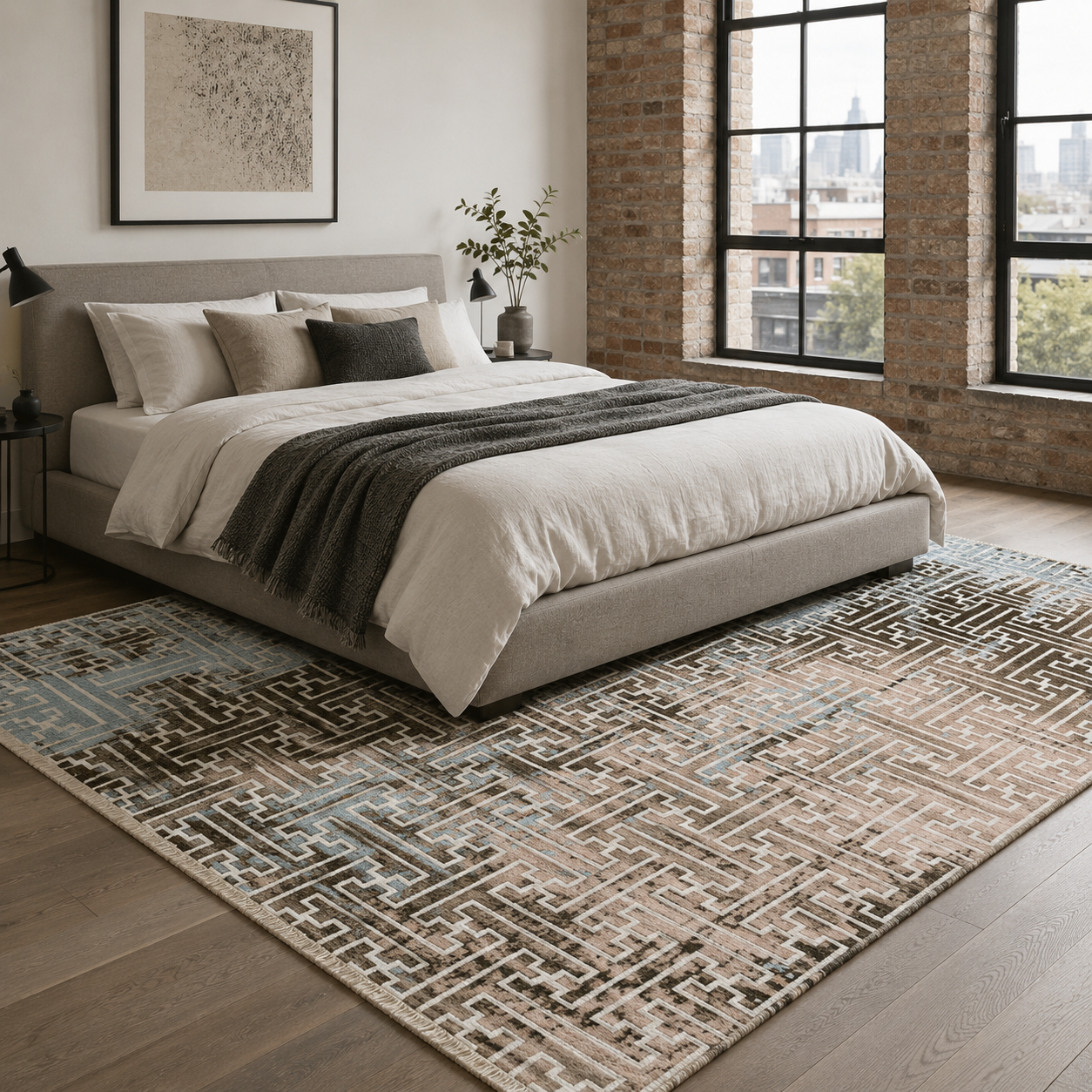 NH7025-17-01-03 Tapis Geometric Modern Mosaïque — Navy & Brown