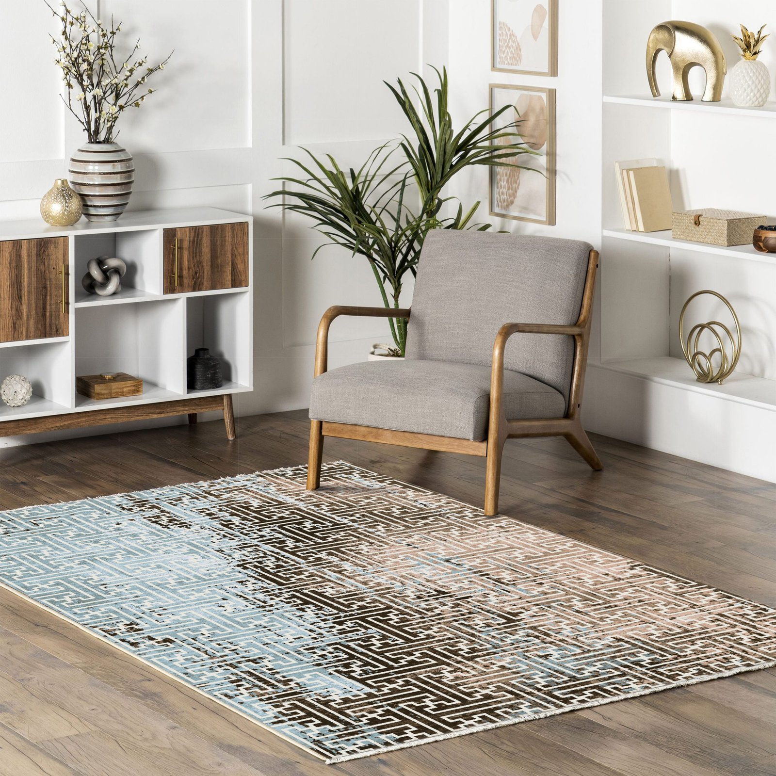 NH7025-17-01-04 Tapis Geometric Modern Mosaïque — Navy & Brown