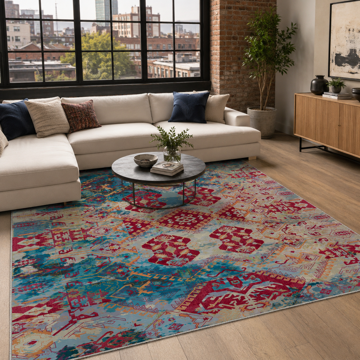 NH7032-41-01-01 Tapis Ethnic Dalaman — Burgundy & Khaki