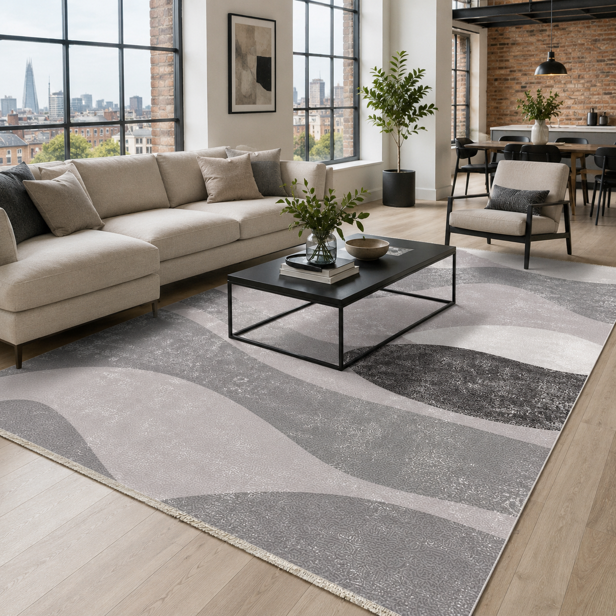NH7073-465-01-01 Tapis Geometric Modern Prisme — Silver & Anthracite