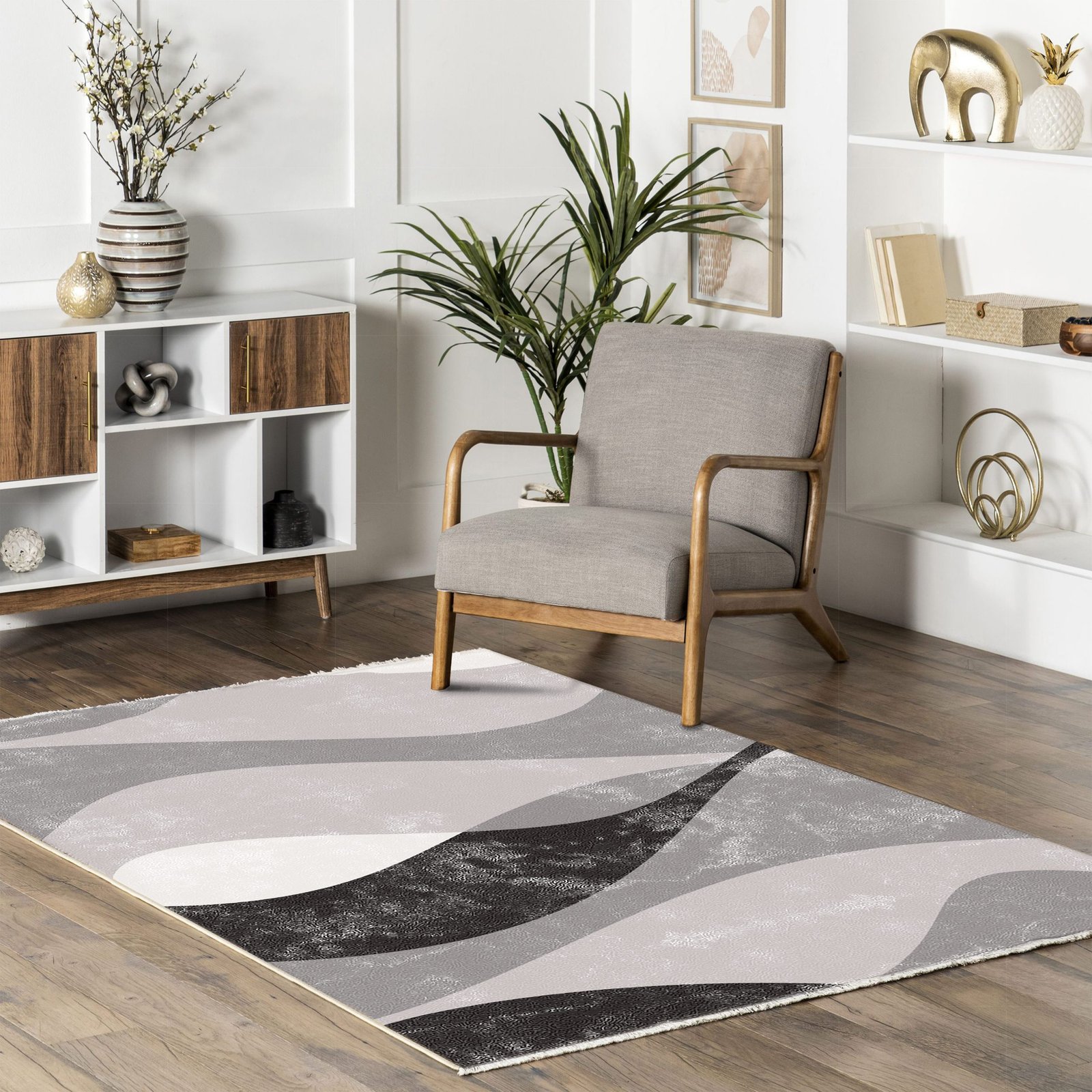NH7073-465-01-04 Tapis Geometric Modern Prisme — Silver & Anthracite