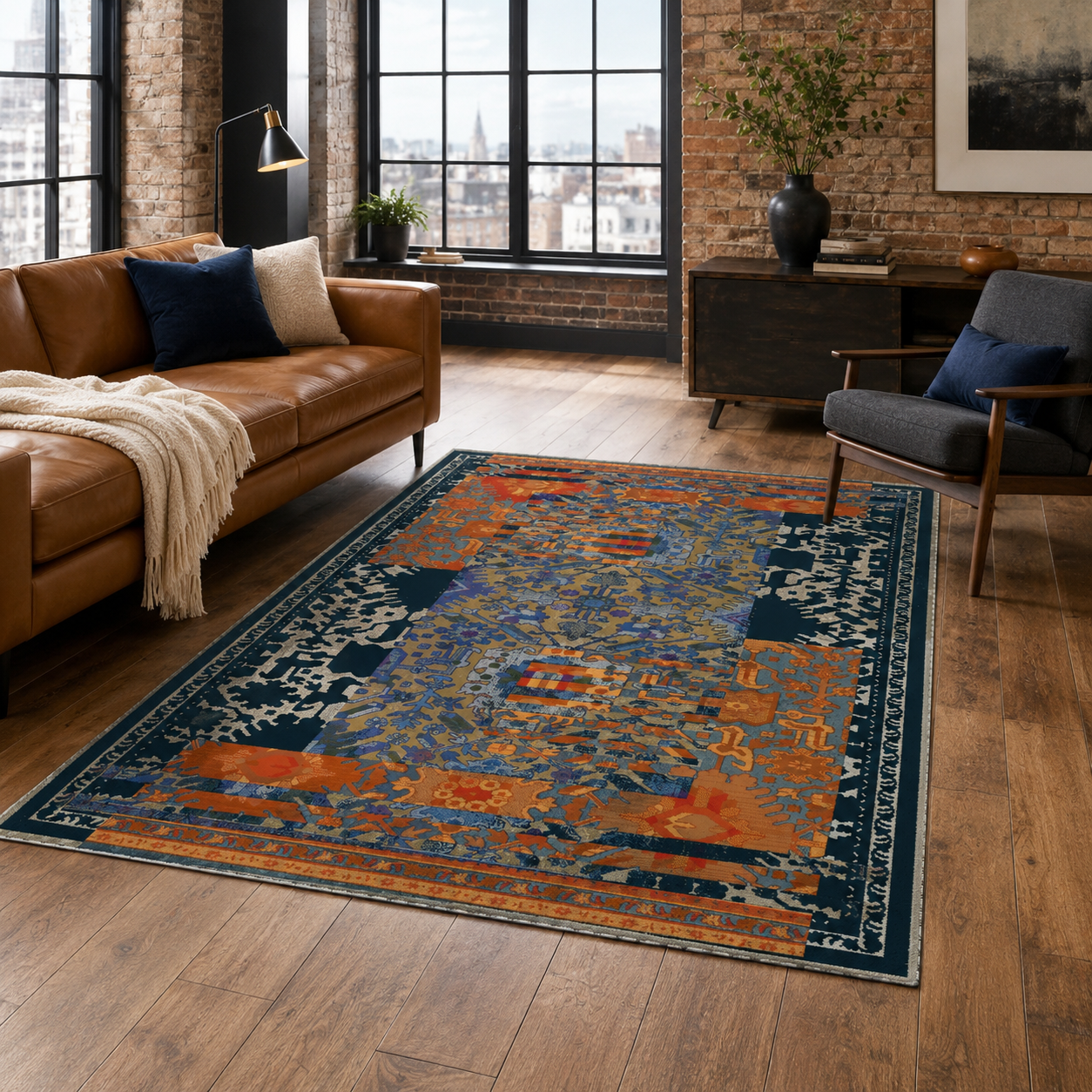 NH7119-43-01-01 Tapis Classic Vintage Kars — Navy & Terracotta