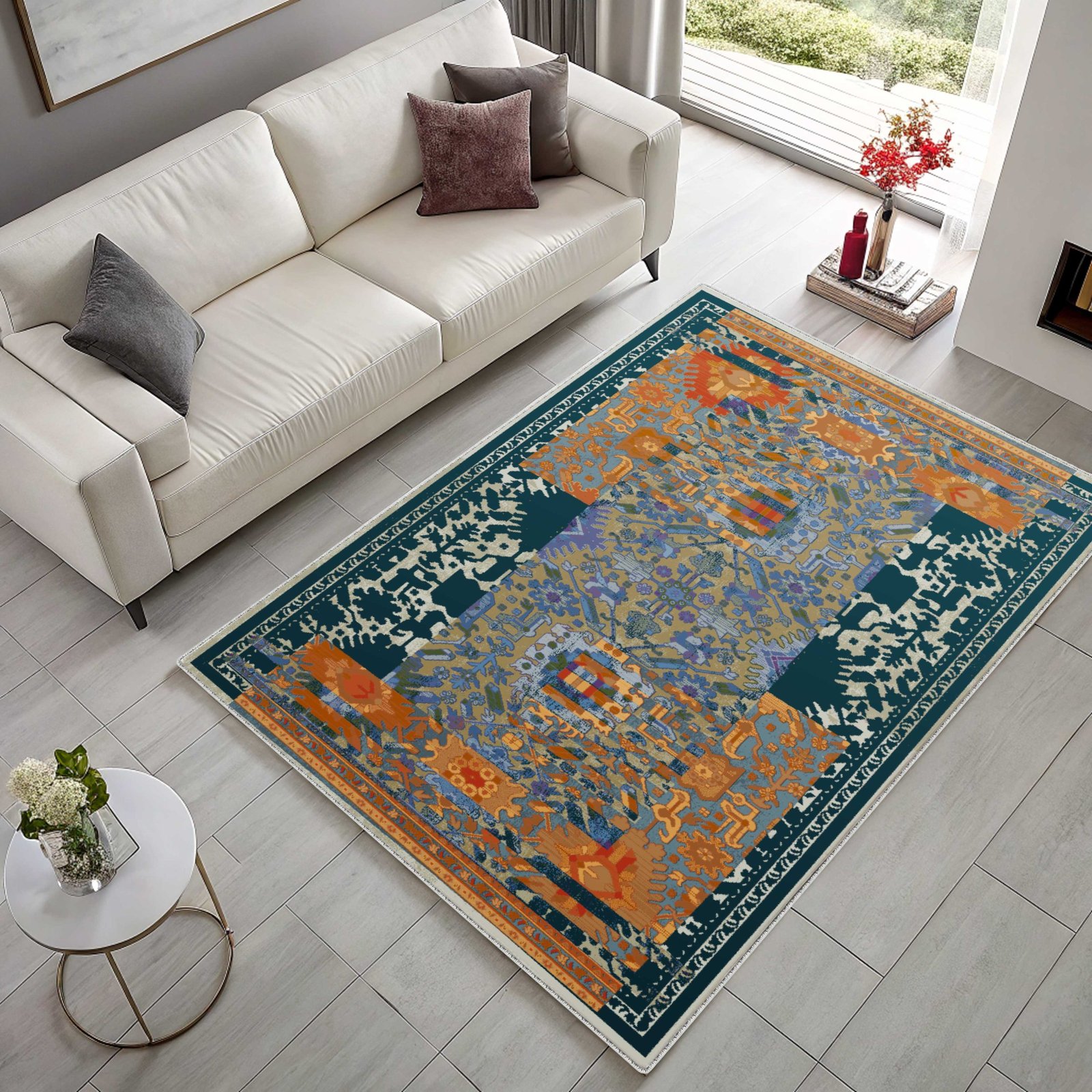 NH7119-43-01-02 Tapis Classic Vintage Kars — Navy & Terracotta